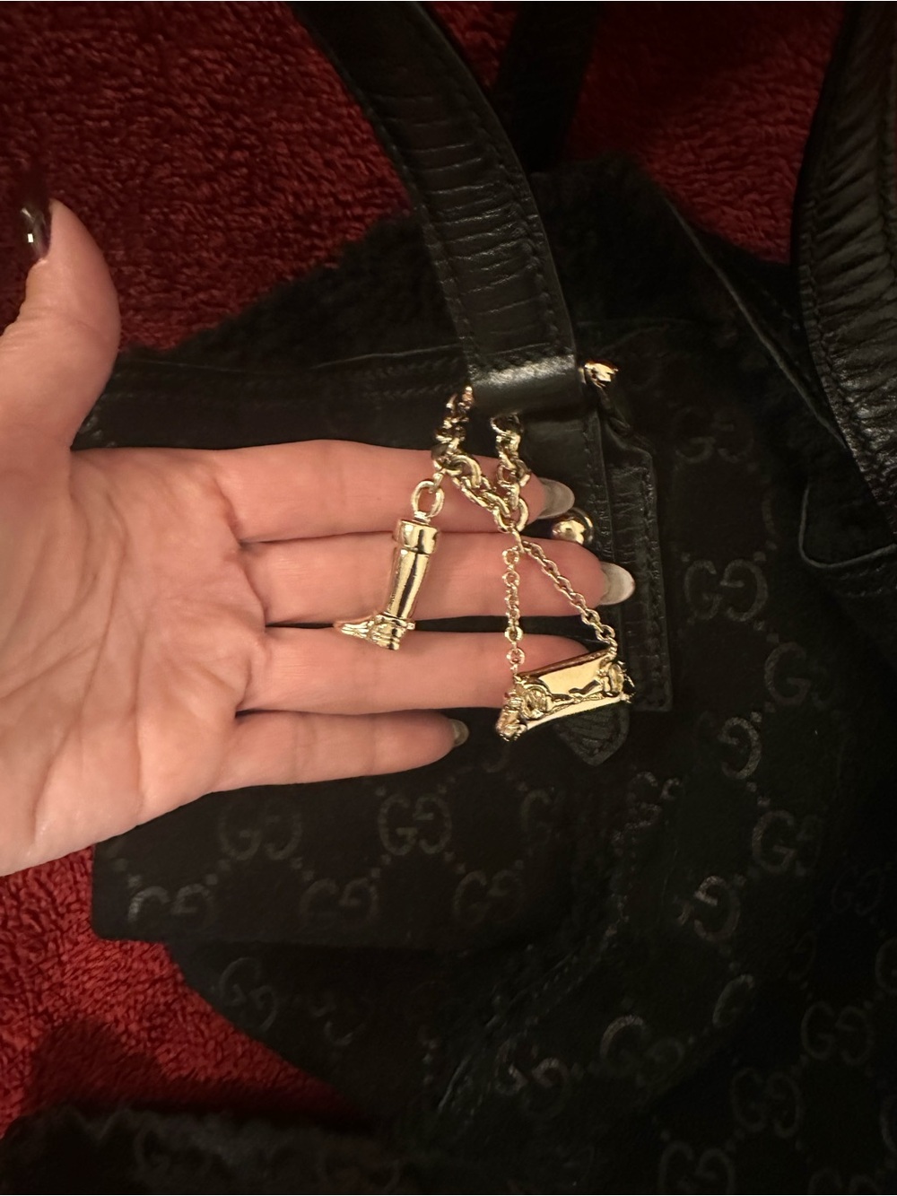 Gucci Black GG Suede Tote with Leather Handles and Charm - Picture 8 of 9